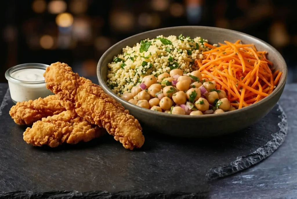Knusprige Fried Chicken Tenders von Flavor Factory, goldgelb frittiert, mit Dip
