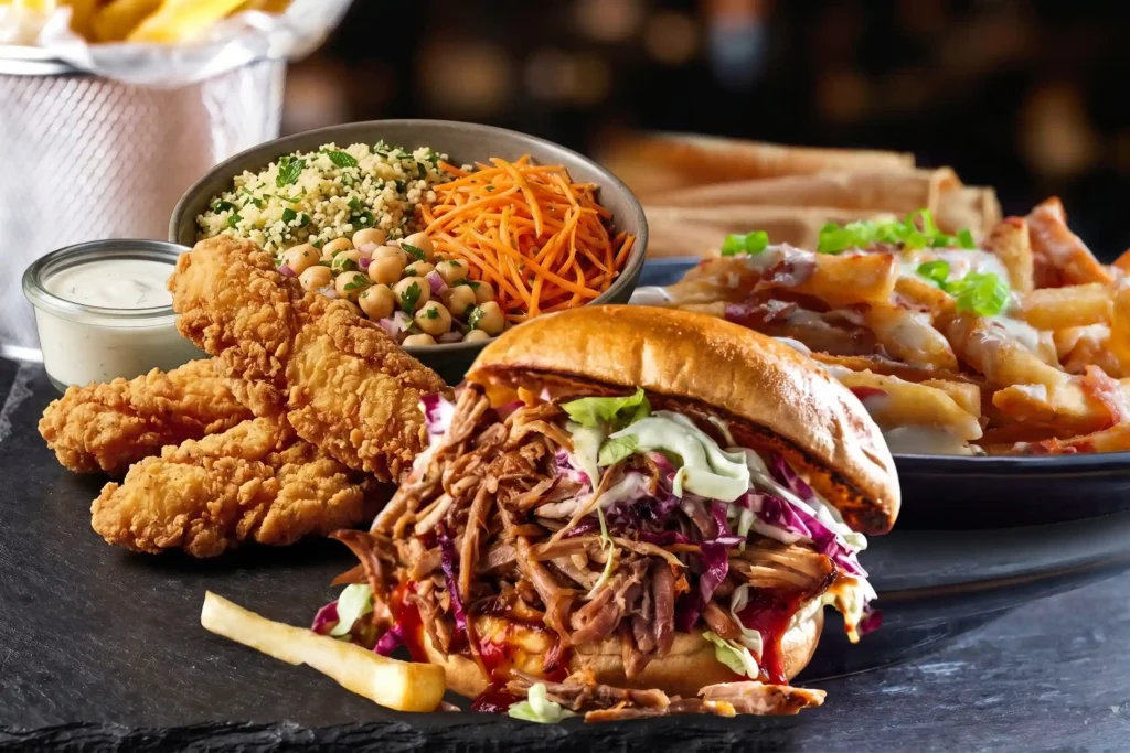 Auswahl an Flavor-Factory-Gerichten: Pulled Pork Burger, Fried Chicken Tenders, Loaded Fries und frische Bowl